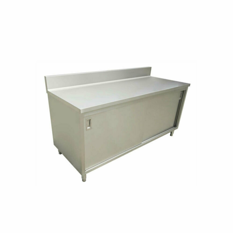 Stainless Steel Work Table With Cabinet Designed For Commercial Food Service Efficiency And Hygiene.