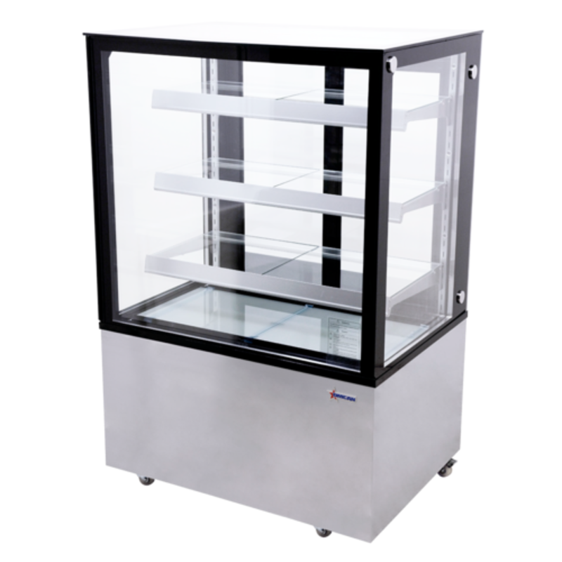 36-Inch Refrigerated Display Case with Glass Shelves for Showcasing Bakery Items and Beverages