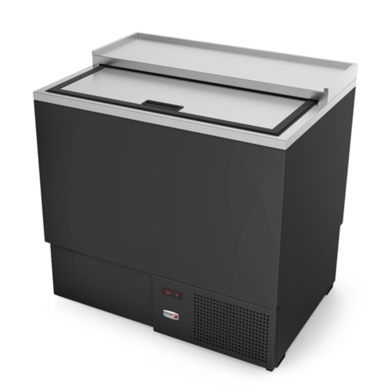 Alt Tag: Fagor FGF-36-HC 36.63 Inch Black Vinyl Top Load Glass Froster with stainless steel top load lid for bar glass chilling