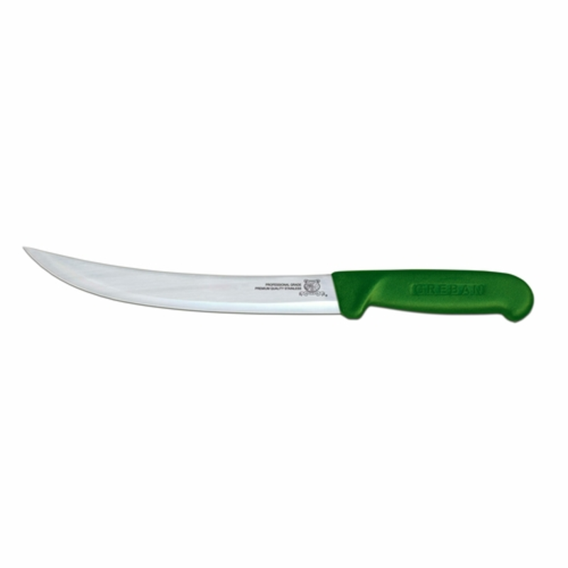 Alt Tag: Omcan 12347 10-Inch Breaking Knife with Green Polypropylene Handle, 10-inch curved butcher blade for breaking down large cuts
