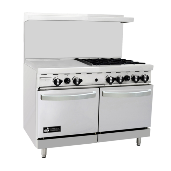 48 Inch Gas Restaurant Range With Griddle, EFI RCTRS-24G-4B-N, Silver Finish, Commercial Kitchen Equipment.