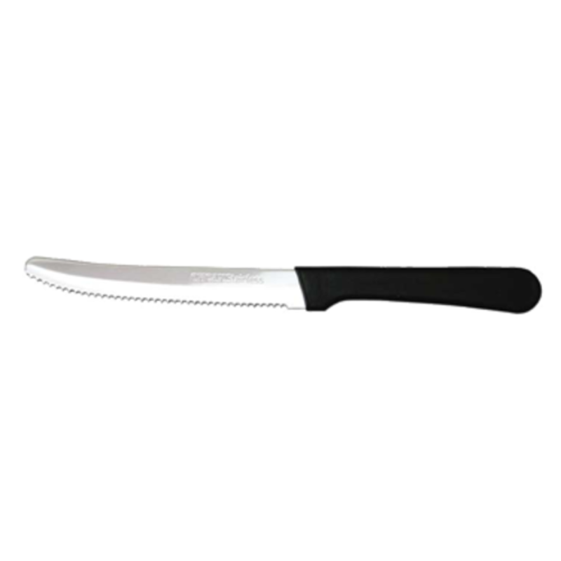 Omcan 11548 6-Inch Greban Straight Boning Steak Knife Black Handle - straight serrated steak knife with black handle, side view