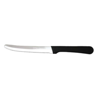 Omcan 11548 6-Inch Greban Straight Boning Steak Knife Black Handle - straight serrated steak knife with black handle, side view