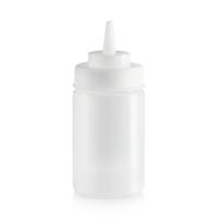 Alt Tag: Omcan 48103 12 oz. Clear Standard Squeeze Dispenser Bottle, clear condiment squeeze bottle with cone tip nozzle