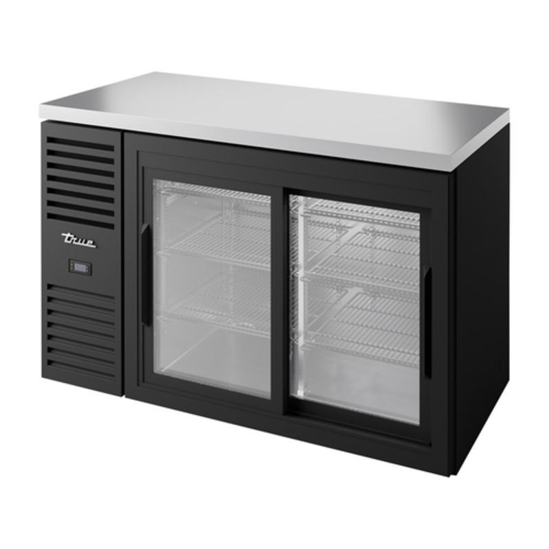 True 52" Two Glass Sliding Door Outdoor Back Bar Refrigerator with Stainless Steel Countertop