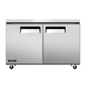OMCAN 58015 Juneau 48-Inch Stainless Steel Undercounter Freezer two-door commercial reach-in unit, stainless exterior, on casters