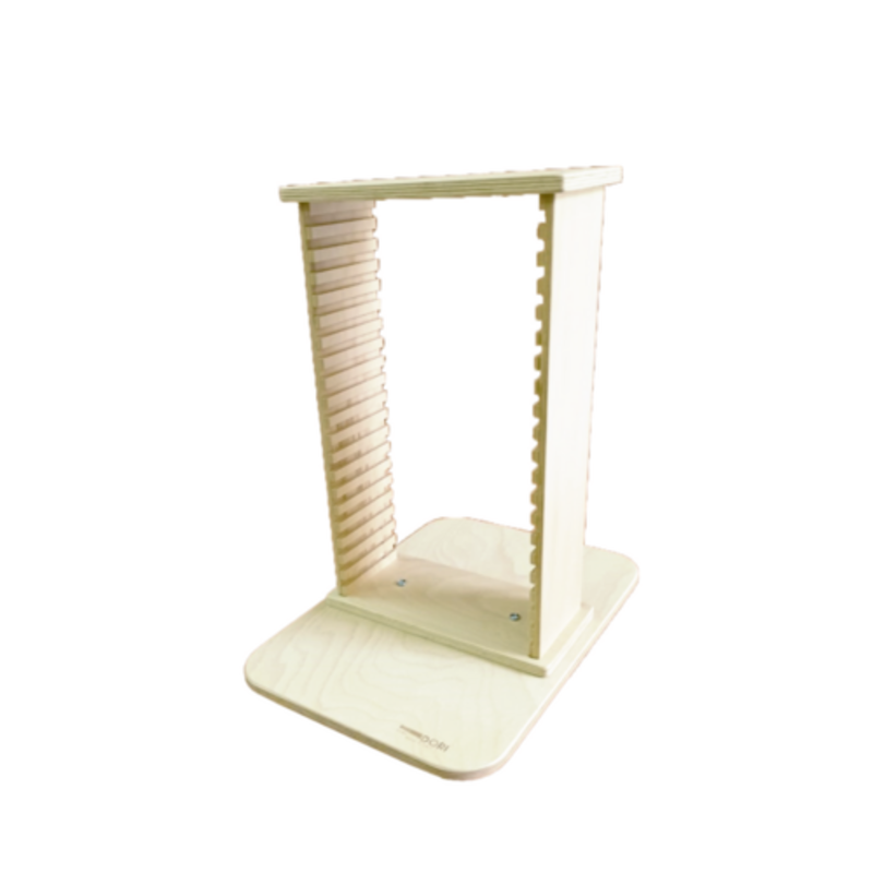 Alt Tag: Omcan 81229 Linea Dori Beech Wood 20-Slot Rack for Pinsa Romana Serving Board three-tiered counter display stand