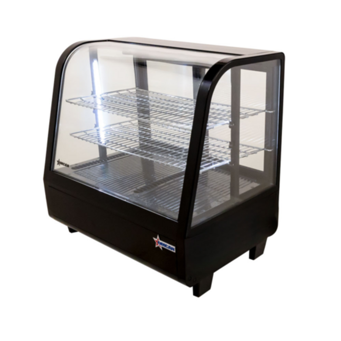 Alt Tag: Omcan 27155 27.5" Black Countertop Refrigerated Display Case Merchandiser glass countertop merchandiser with curved front and shelves