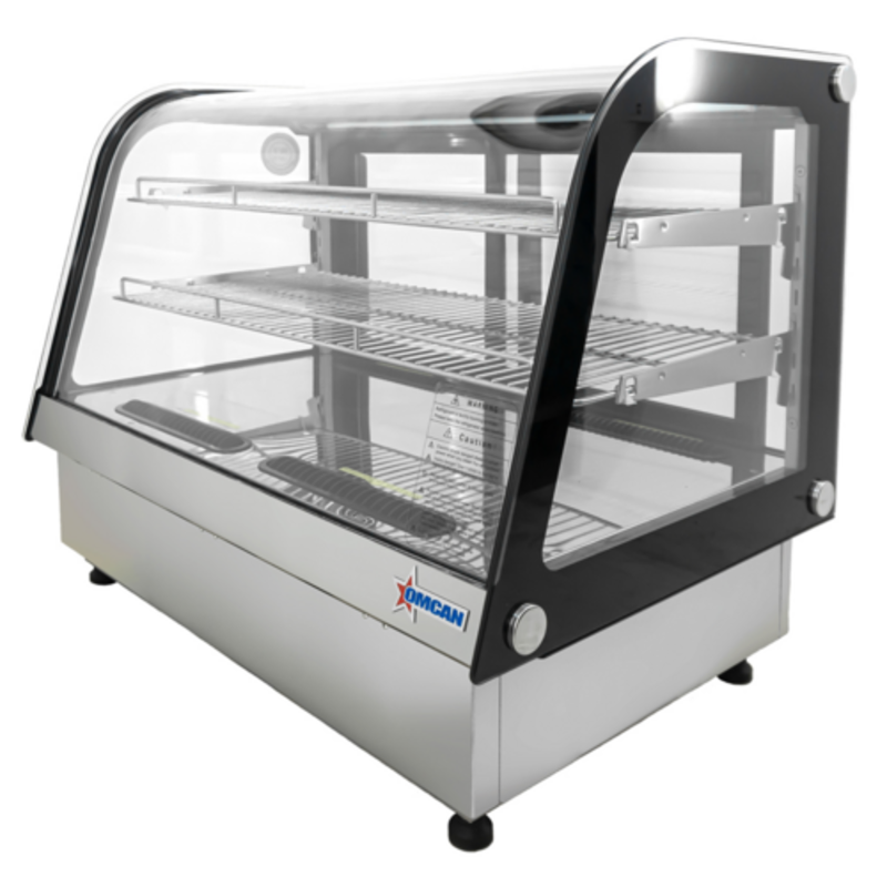 Alt Tag: OMCAN 48887 35-Inch Wide Countertop Drop-In Refrigerated Deli Showcase curved glass stainless steel display case with shelves
