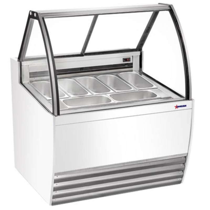 Alt Tag: OMCAN 47571 41.3" Gelato Dipping Display Case with LED Lighting white curved glass gelato dipping cabinet with stainless pans