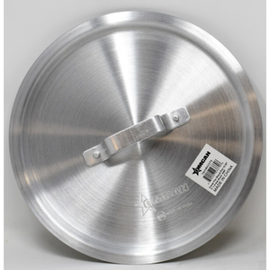 Alt Tag: Omcan 43379 Commercial Grade 14-inch Diameter Stainless Steel Cookware Lid Cover stainless steel 14-inch pot lid with handle, top view