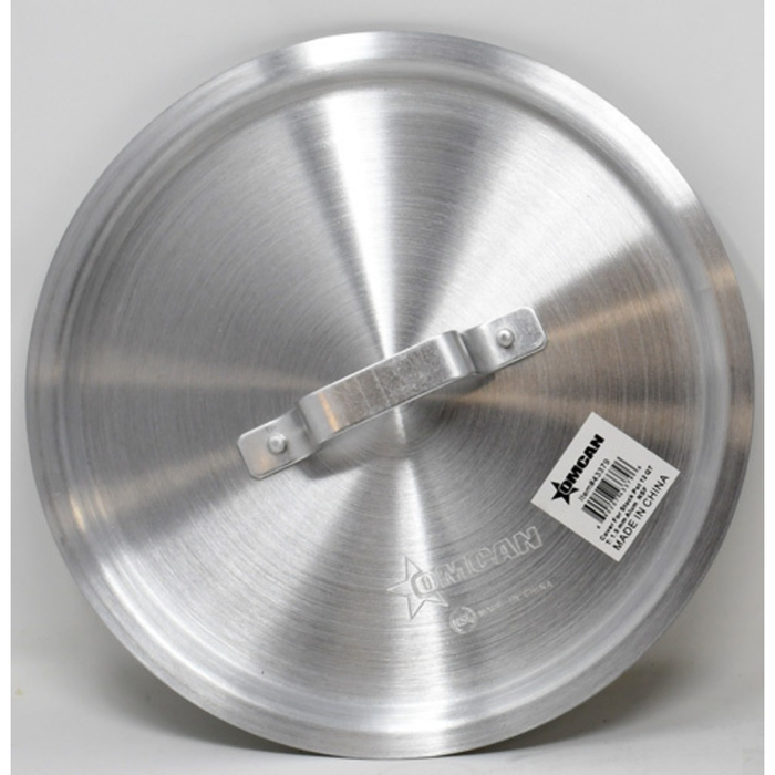 Alt Tag: Omcan 43379 Commercial Grade 14-inch Diameter Stainless Steel Cookware Lid Cover stainless steel 14-inch pot lid with handle, top view