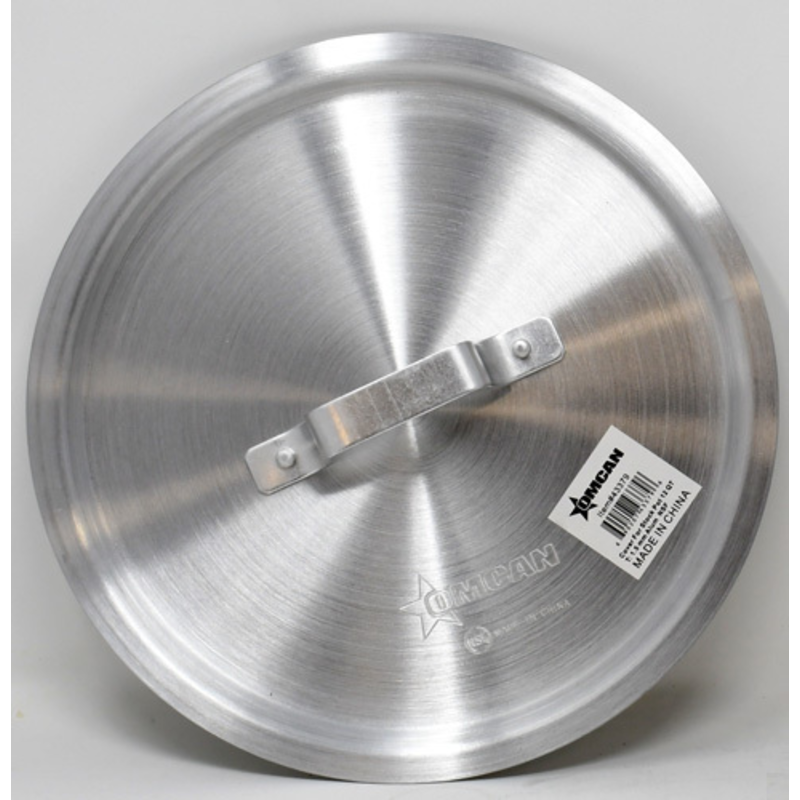 Alt Tag: Omcan 43379 Commercial Grade 14-inch Diameter Stainless Steel Cookware Lid Cover stainless steel 14-inch pot lid with handle, top view