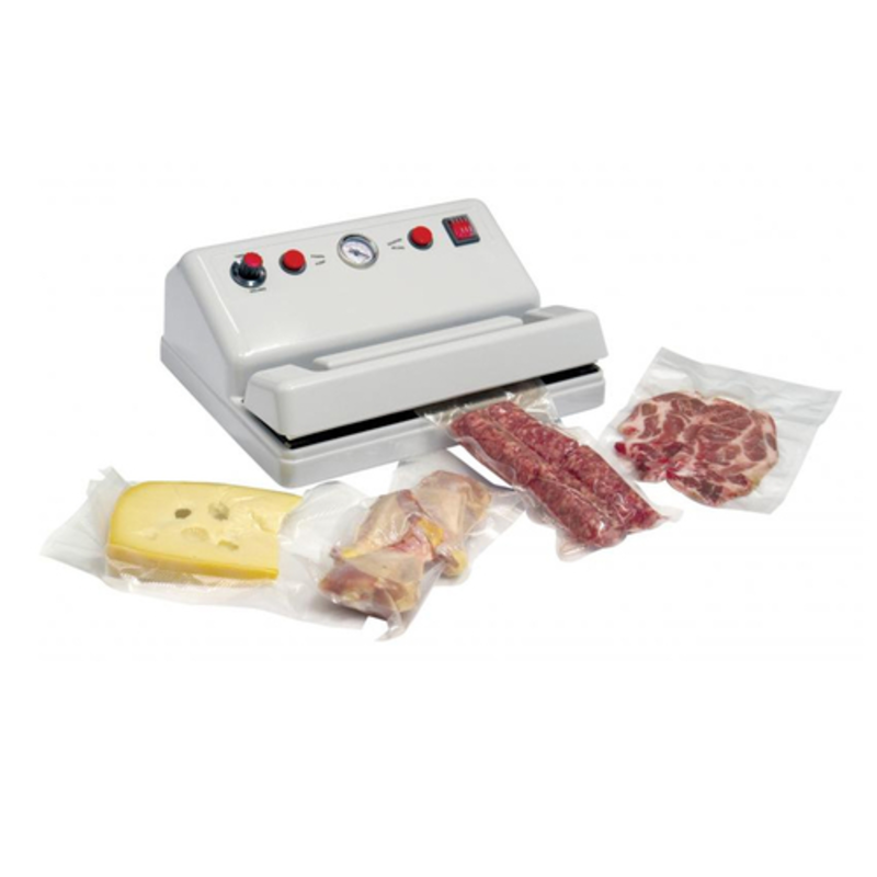 Omcan 14407 Vacuum Packaging Machine For Home Use With Packaged Meats And Cheese