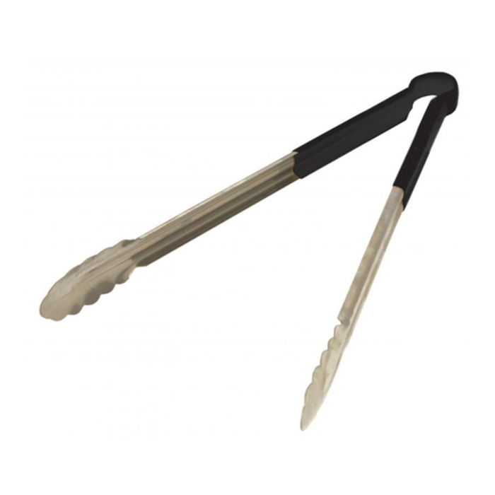 Omcan 80550 Stainless Steel 10-Inch Utility Tongs for Buffet & Salad Bars with black grip, commercial serving tongs