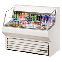 True THAC-48-HC-LD 48 Inch Air Curtain Refrigerated Merchandiser Displaying Various Packaged Foods And Beverages.