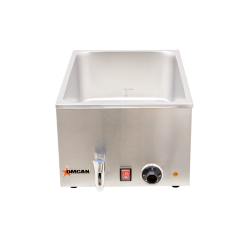 Alt Tag: Omcan 19076 Countertop Food Warmer 1 Full-Size Pan Capacity stainless steel countertop single chamber food warmer front view