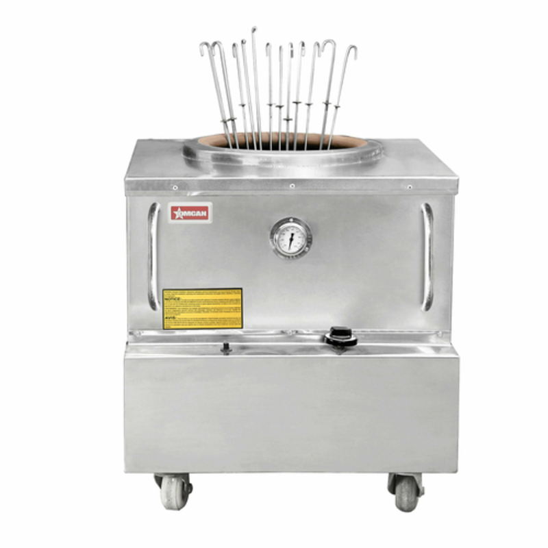 OMCAN 44386 48,000 BTU Natural Gas Stainless Steel Clay Tandoor Oven stainless steel commercial tandoor with skewers and temperature gauge