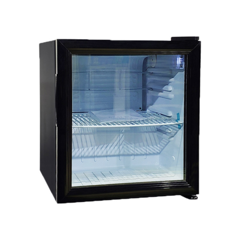 Black Countertop Display Refrigerator Showing Interior Shelves For Beverages And Snacks in Commercial Setting