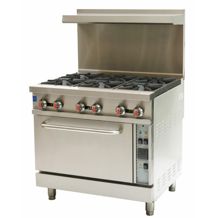 Étiquette alternative : Omcan 47450 Cuisinière commerciale au propane liquide de 36" avec four à convection, 6 brûleurs en acier inoxydable, cuisinière de restaurant avec four