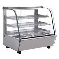 Alt Tag: Omcan 47454 4.24 cu. ft. Countertop Hot Food Display Warmer 27-inch glass front display with 3 shelves for hot dogs burritos