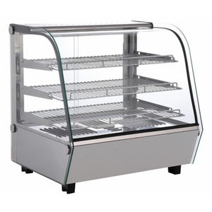 Alt Tag: Omcan 47454 4.24 cu. ft. Countertop Hot Food Display Warmer 27-inch glass front display with 3 shelves for hot dogs burritos