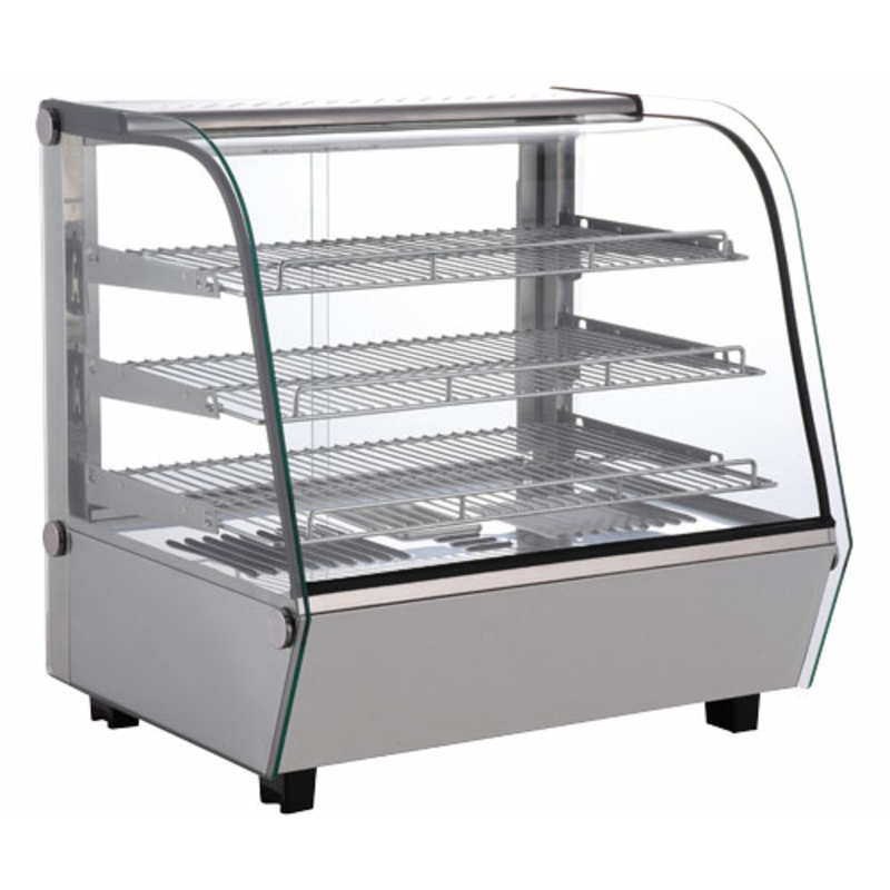 Alt Tag: Omcan 47454 4.24 cu. ft. Countertop Hot Food Display Warmer 27-inch glass display case with three shelves for hot dogs pastries