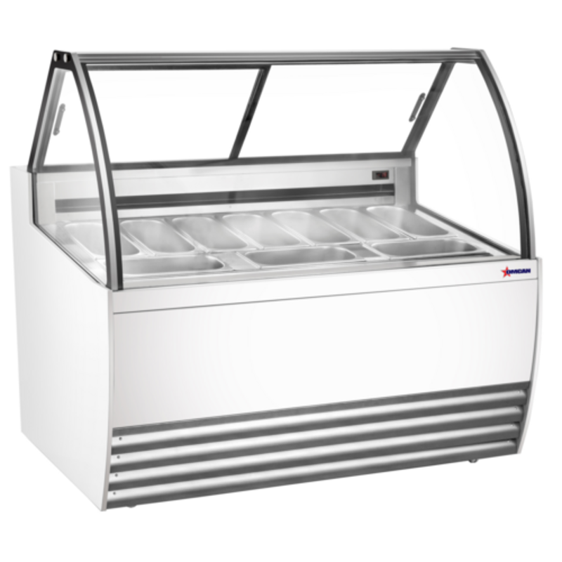 Alt Tag: Omcan 47498 55.4 inch White Gelato Dipping Display Showcase freezer with curved glass, LED lighting, and dipping pan display