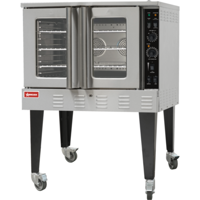 Alt Tag: OMCAN 60,000 BTU Full-Size Single Deck Gas Convection Oven stainless steel commercial oven with glass doors and casters