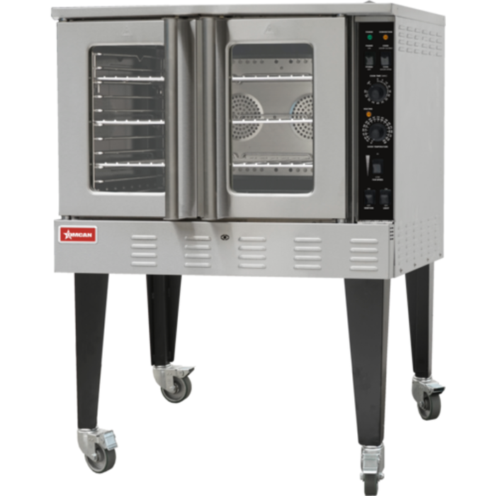 Alt Tag: OMCAN 60,000 BTU Full-Size Single Deck Gas Convection Oven stainless steel commercial oven with glass doors and casters