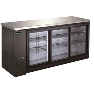 OMCAN 51062 Cabine arrière de refroidissement à porte coulissante en verre de 72 pouces avec finition noire, dessus en acier inoxydable, trois portes coulissantes en verre