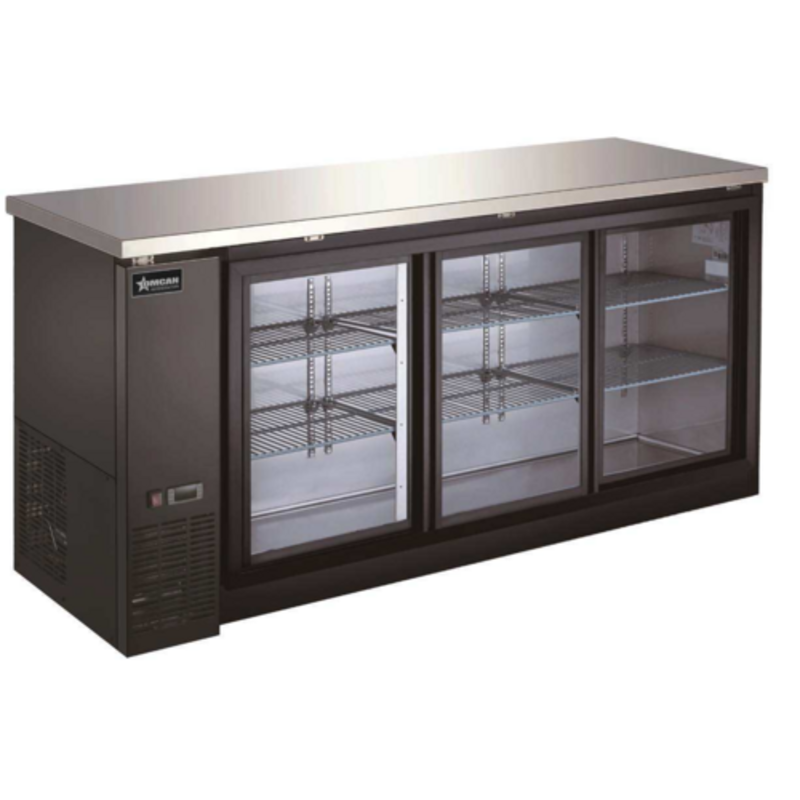 OMCAN 51062 Cabine arrière de refroidissement à porte coulissante en verre de 72 pouces avec finition noire, dessus en acier inoxydable, trois portes coulissantes en verre
