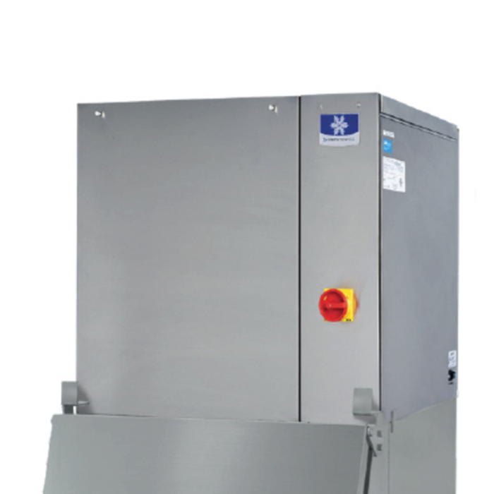 Manitowoc IDT0900W Water-Cooled Ice Maker with a sleek stainless steel design and top utility connections for space optimization.