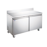 Alt Tag: OMCAN 50098 60.2 inch Stainless Steel Worktop Freezer Counter with backsplash, two-door commercial kitchen freezer counter