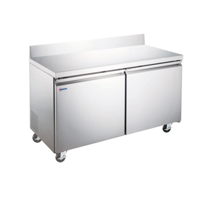 Alt Tag: OMCAN 50098 60.2 inch Stainless Steel Worktop Freezer Counter with backsplash, two-door commercial kitchen freezer counter