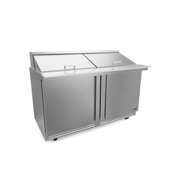 Fagor FMT-60-24-N Mega Top Sandwich Salad Refrigerator with stainless steel finish and double doors.