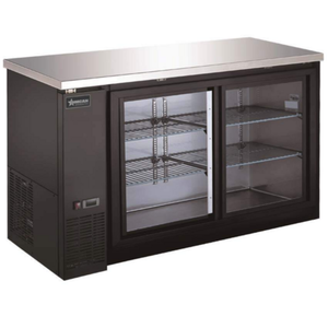 Alt Tag: Omcan 51060 60" Glass Door Refrigerated Back Bar Bottle Cooler 60-inch black cabinet with sliding glass doors and adjustable shelves