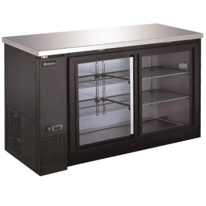 Alt Tag: Omcan 51060 60" Glass Door Refrigerated Back Bar Bottle Cooler 60-inch black cabinet with sliding glass doors and adjustable shelves