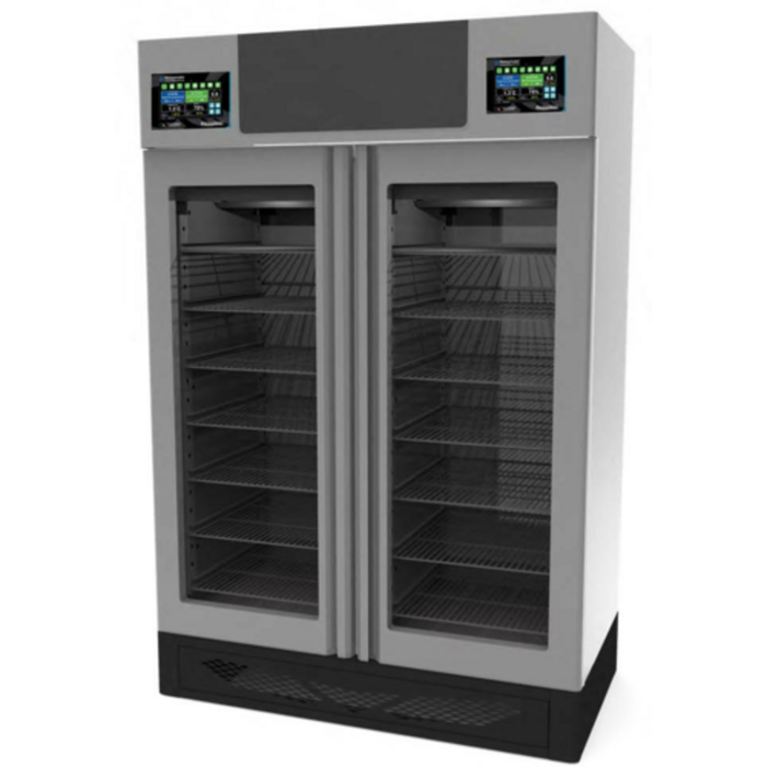 Alt Tag: OMCAN 49005 57.7-inch Dual Zone Fish Curing Aging Cabinet with dual glass doors and digital controls for fish curing and aging