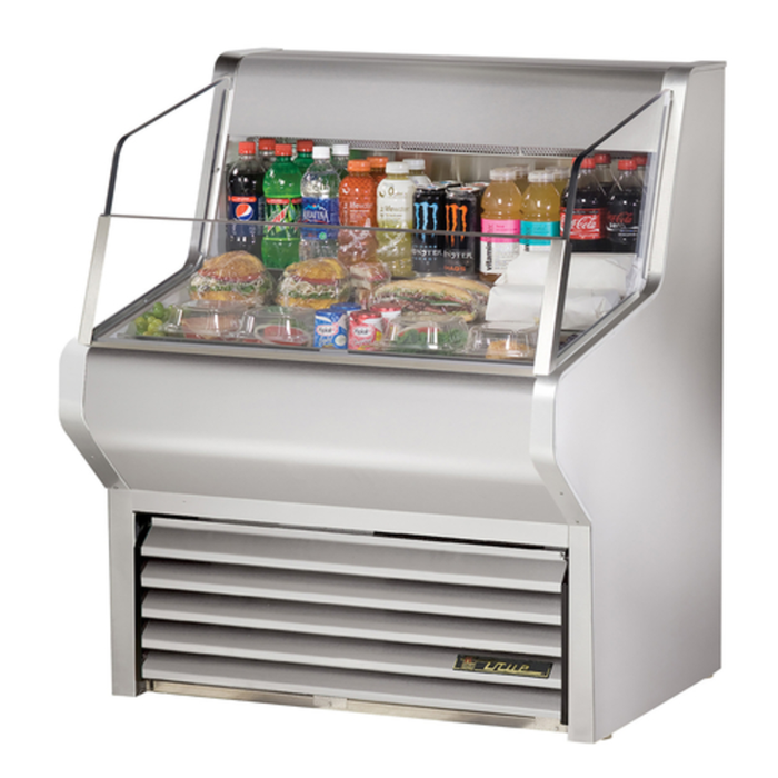 True THAC-36-S-HC-LD 36" Horizontal Air Curtain Refrigerated Merchandiser Displaying Beverages And Packaged Foods.