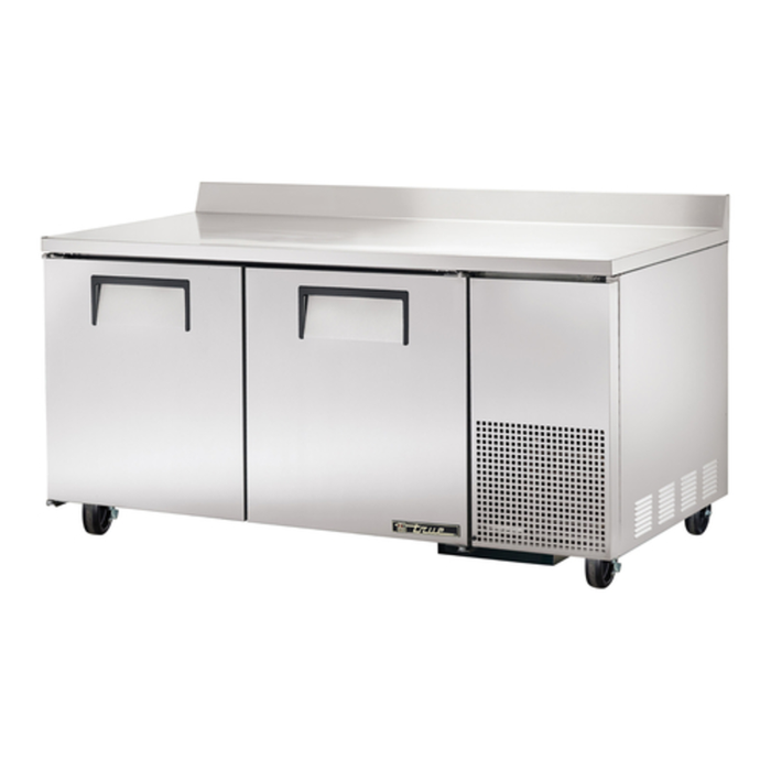 True 67-1/4" Stainless Steel Two-Door Deep Worktop Refrigerated Counter For Efficient Food Prep.