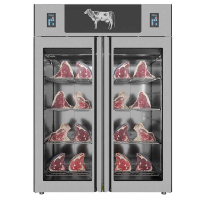 Étiquette alternative : Trento Stagionello 48046 49,5 pi³ Armoire à maturation à sec à double porte avec portes vitrées affichant des morceaux de viande affinés à sec