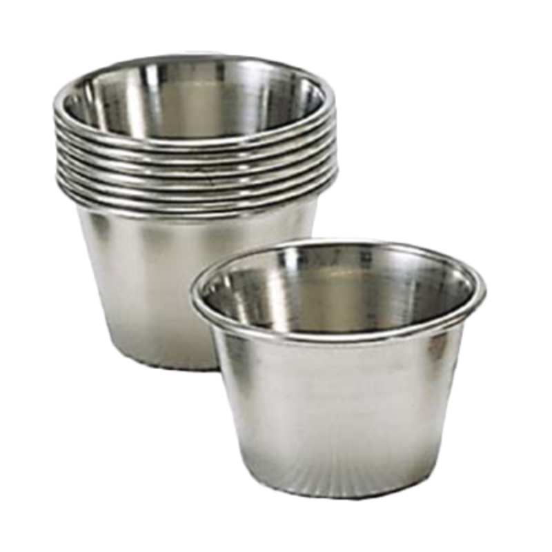 Stainless Steel Sauce Cups Stacked For Serving Sauces, Dips, And Condiments In Professional Settings.