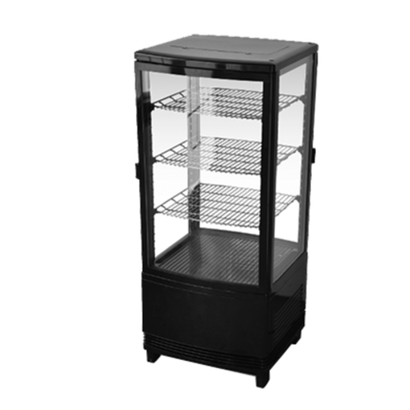 Omcan 25827 17-inch Countertop Glass Refrigerated Display Case Dual Door four-sided glass countertop display with shelves