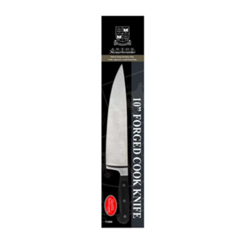 Alt Tag: Omcan 21885 10-Inch Premium Anton Forged Stainless Steel Cook Knife 10-inch forged cook knife in retail packaging