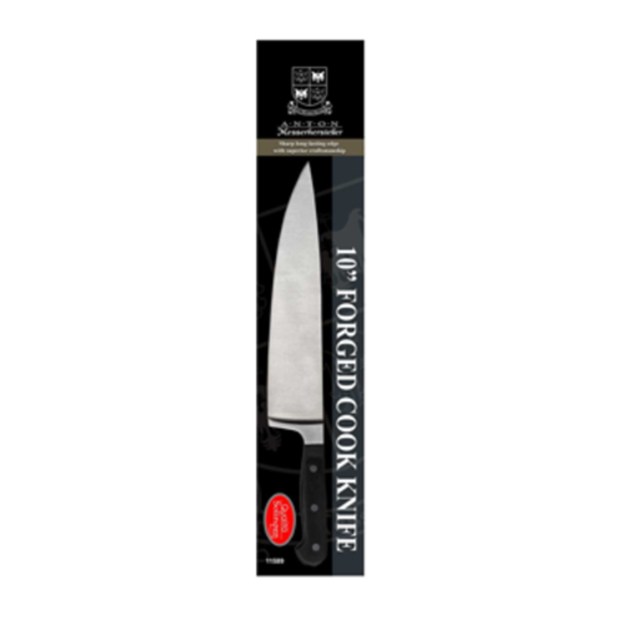 Alt Tag: Omcan 21885 10-Inch Premium Anton Forged Stainless Steel Cook Knife 10-inch forged cook knife in retail packaging