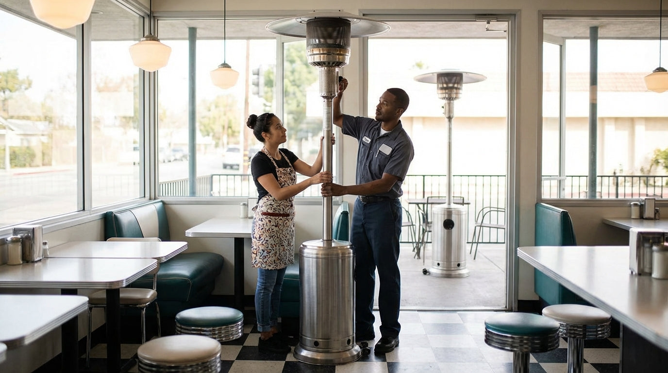 Restaurant staff setting up a patio heater inside a retro diner with booths and large windows