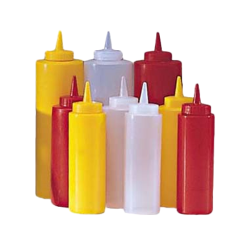 Clear Plastic Squeeze-Out Dispenser Bottle Set In Various Colors Including Red, Yellow, And Clear.