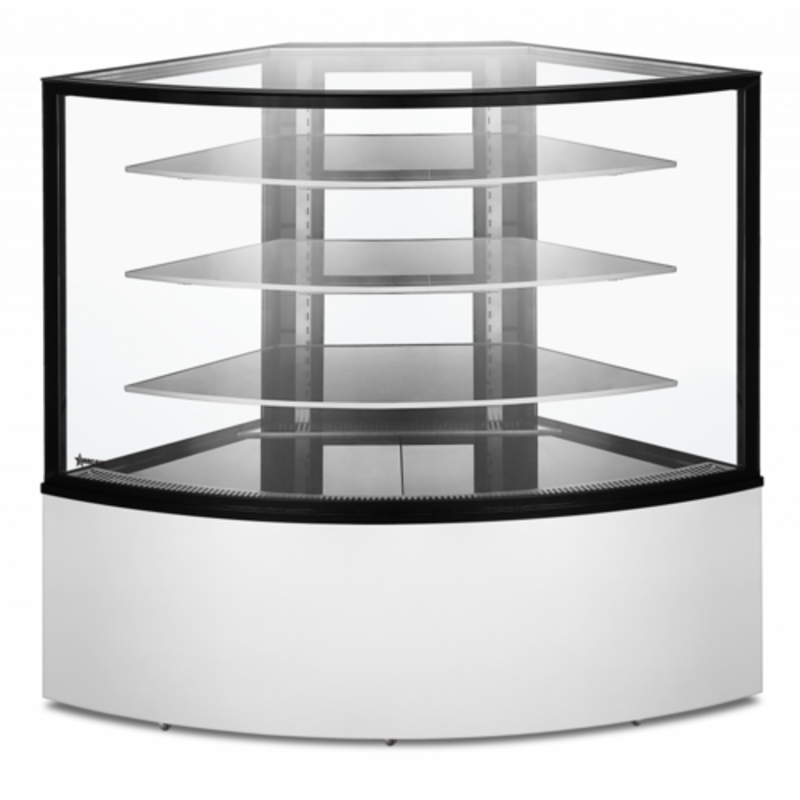 Corner Refrigerated Display Case With Glass Shelves, Ideal For Merchandising Chilled Items In Retail Spaces.