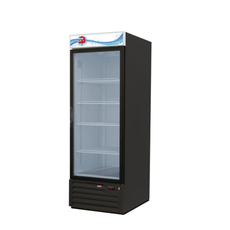 Fagor FMD-23 Refrigerator Merchandiser 27 inch glass door with black vinyl exterior and empty shelves